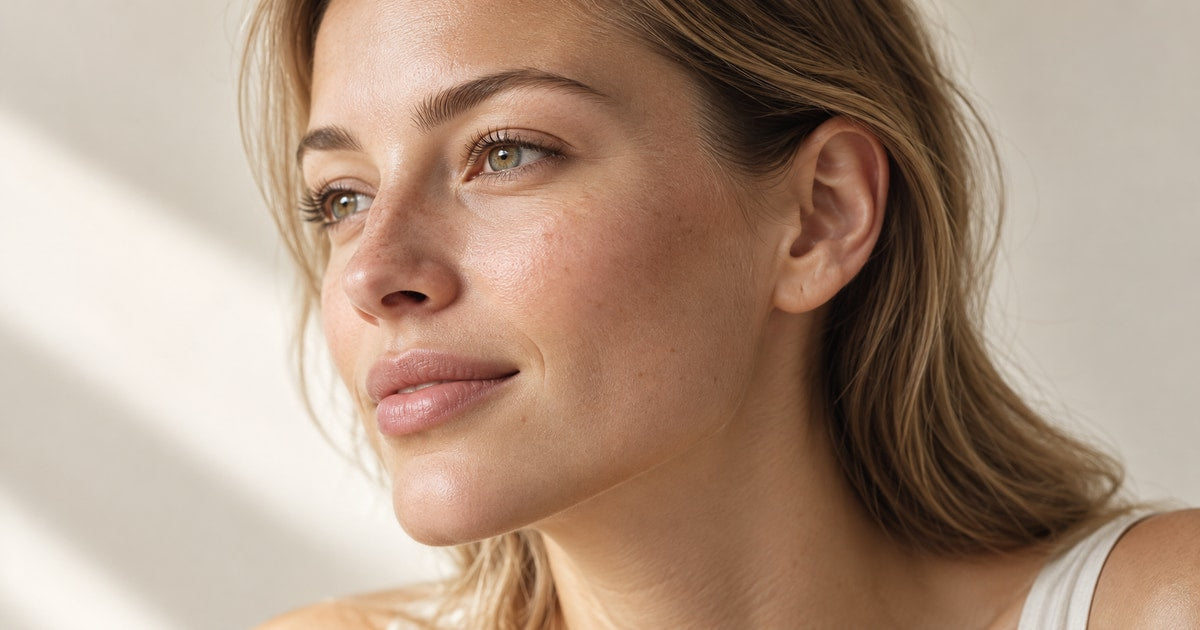 Detail přirozené textury pleti ženy v měkkém denním světle