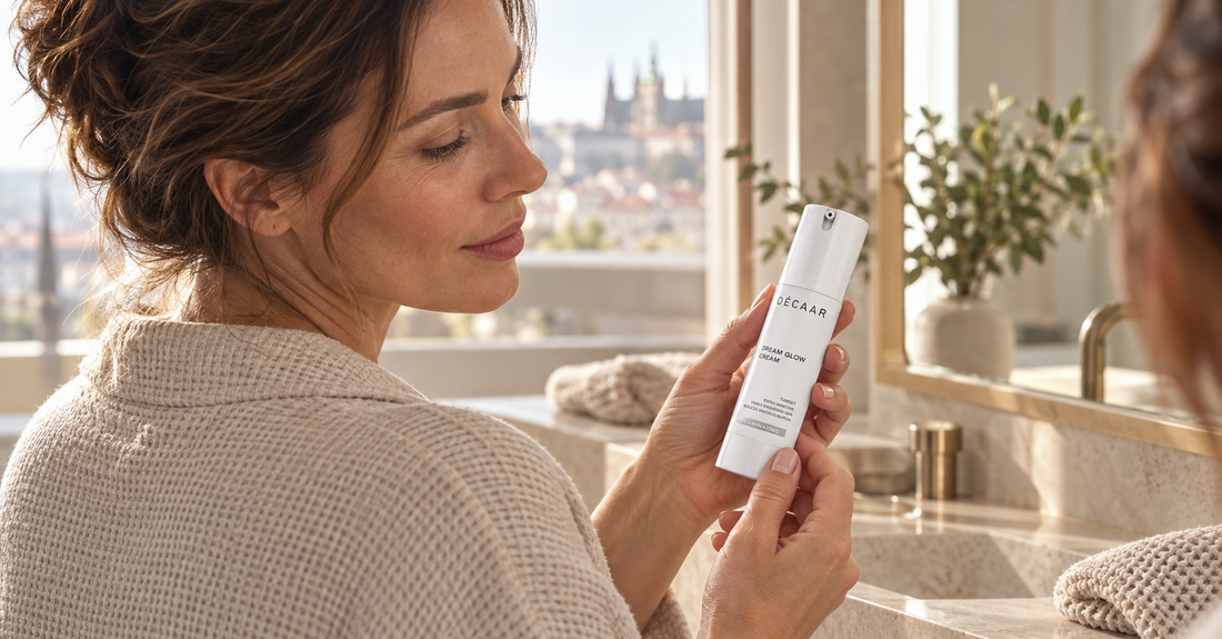 Žena čte etiketu krému DÉCAAR Dream Glow při kontrole INCI